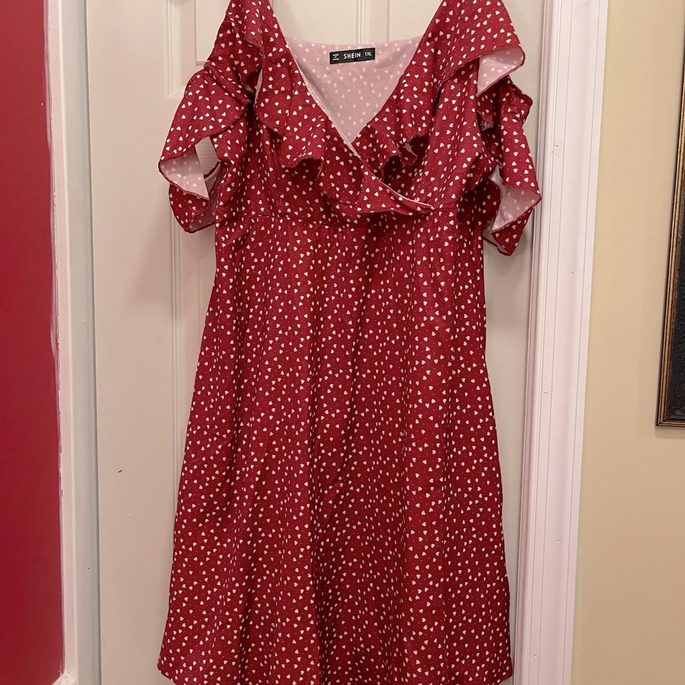 Shein Red All Over Heart Printed Cold Shoulder Dress